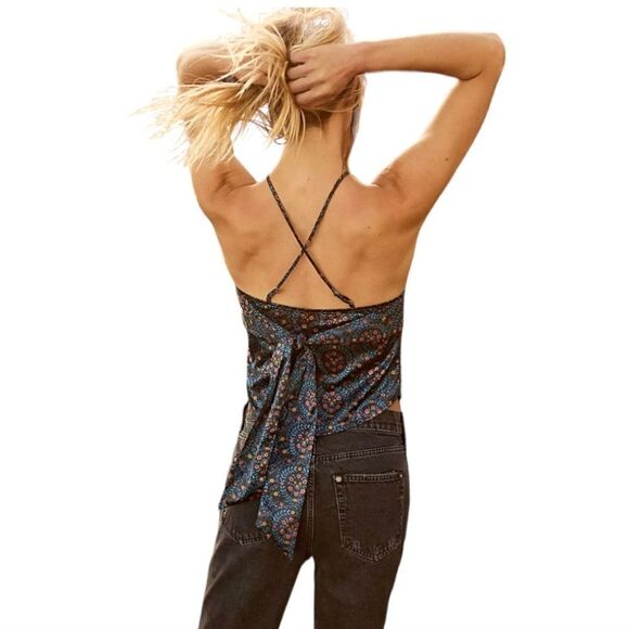 Free People Easy Breezy Silky Floral Tie-Back Cami | Hanky Hem Boho sz S NWT - Picture 6 of 11
